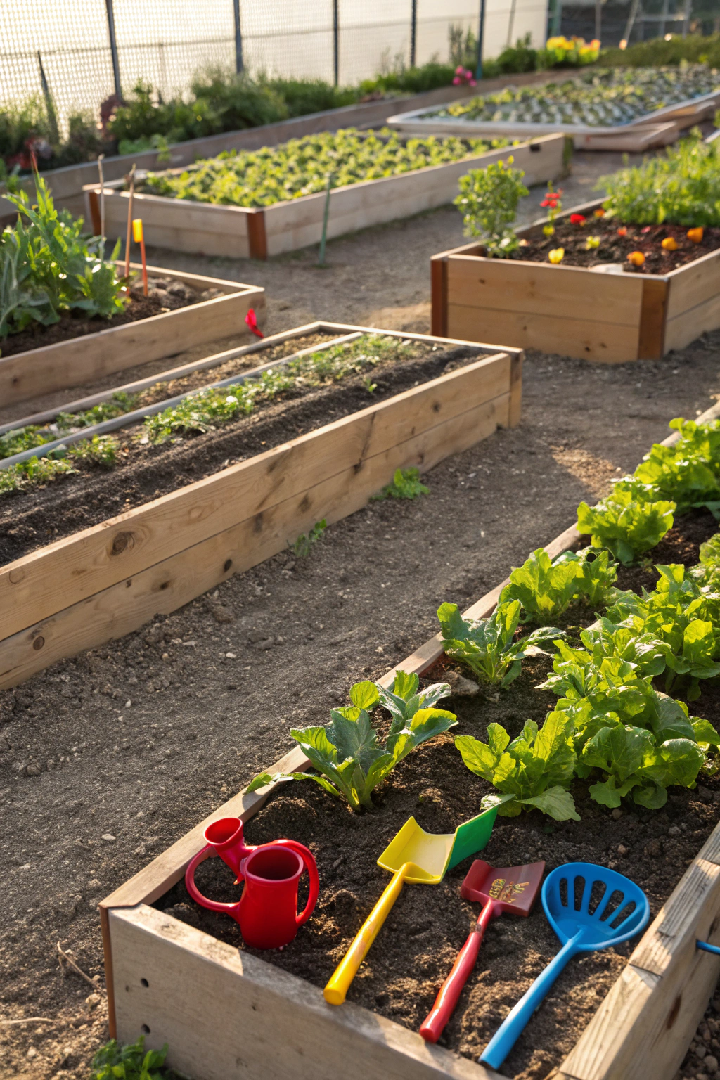 Educational garden beds with child-sized tools and plant labels in transformed kids backyard space