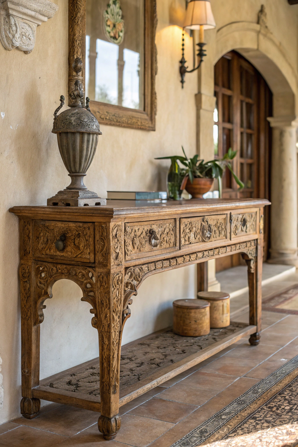 Antique entryway table styled with modern decor elements
