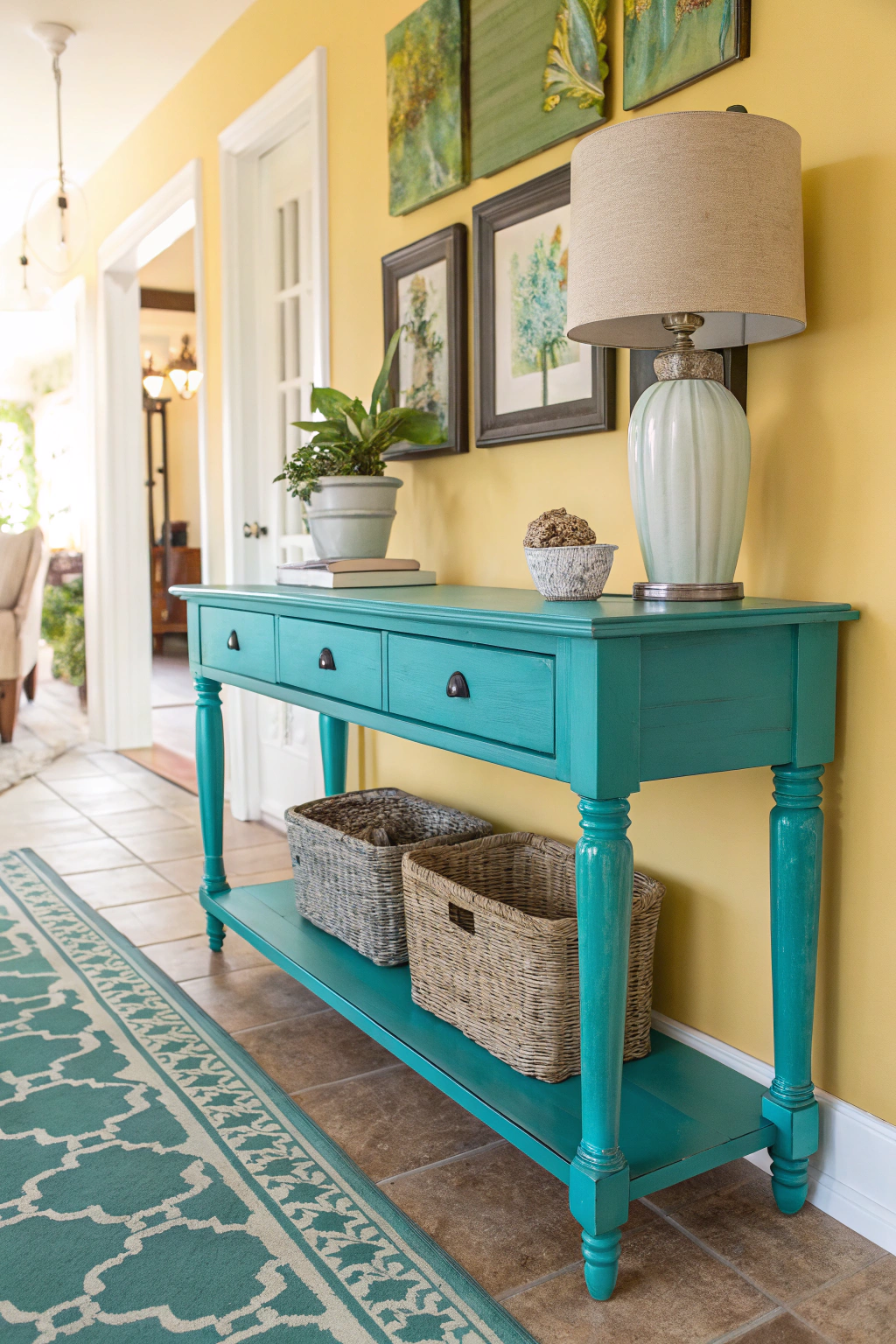 Brightly painted entryway table in a colorful space