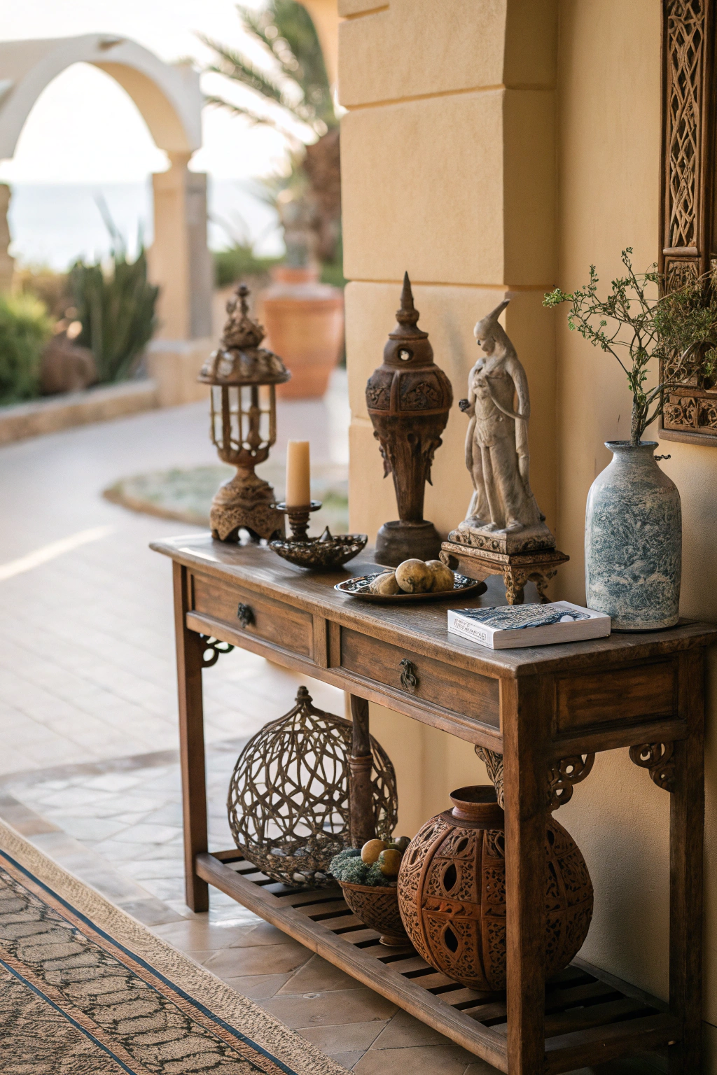 Entryway table featuring artistic decor and sculptures