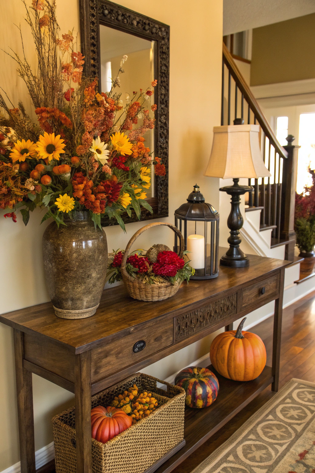 Entryway table decorated for different seasons
