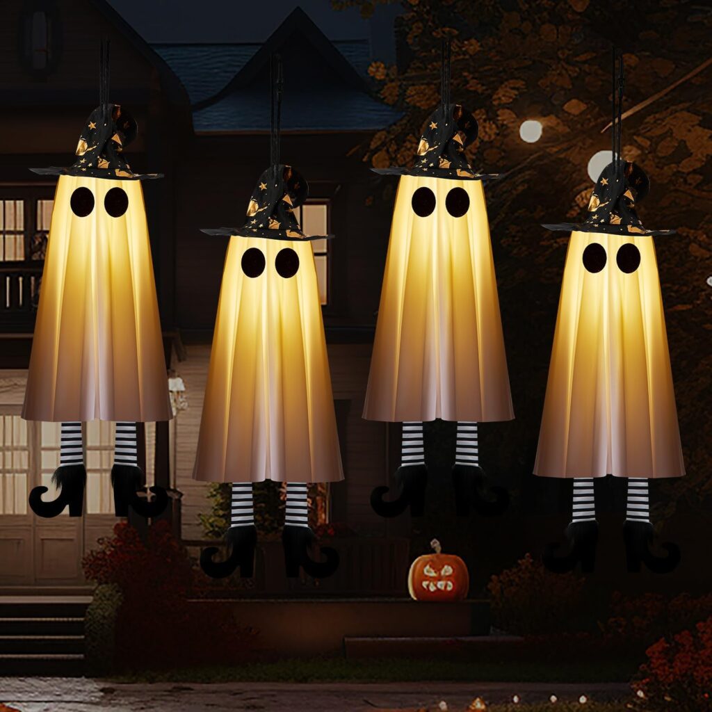 Halloween Decorations Outdoor Indoor, 4pcs Hanging Ghost Decor with Light, Spooky Swinging Witch Hat Ghosts for Halloween Decor, Perfect for Yard, Patio, Garden, Tree (Includes 24 Batteries)