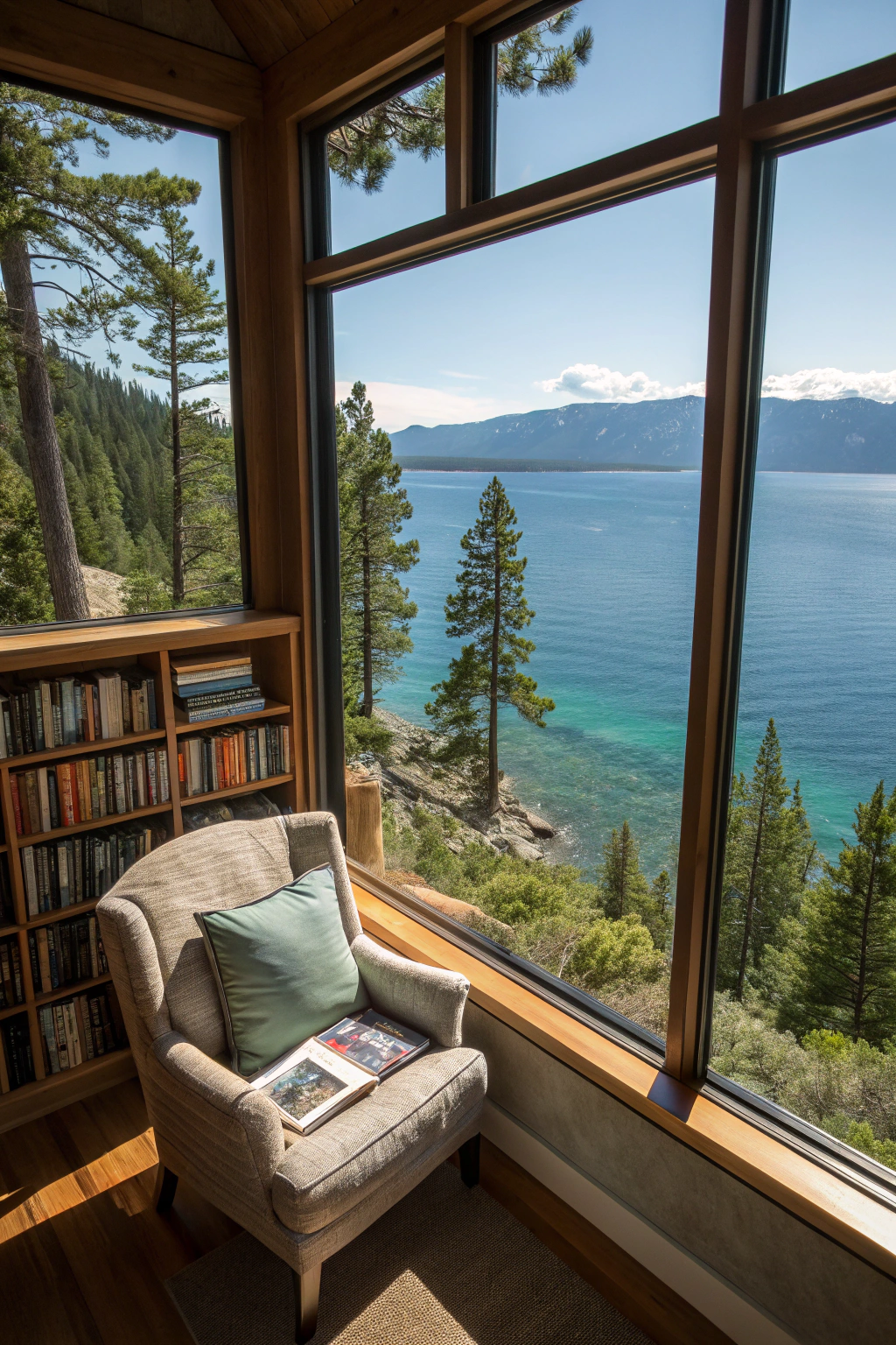 Reading nook with large windows showcasing Lake Tahoe views.