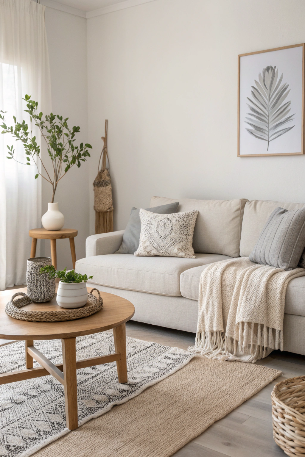 Neutral color palette in a minimalist apartment living room