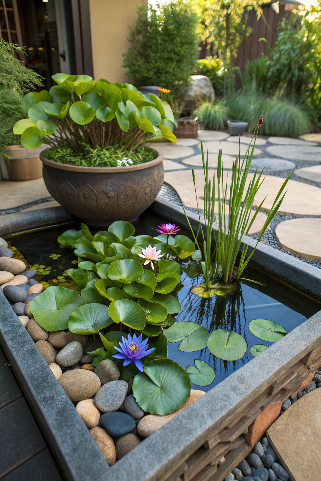 Beautiful container water garden with aquatic plants in a pot
