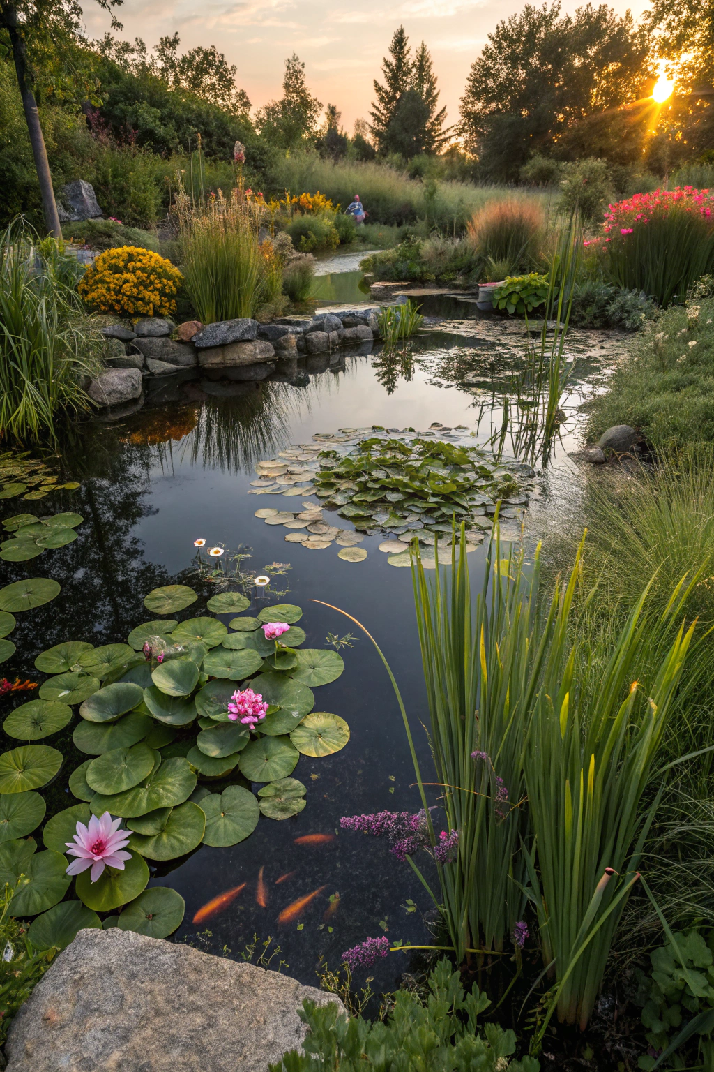 Diverse plants surrounding a koi pond with colorful koi fish
