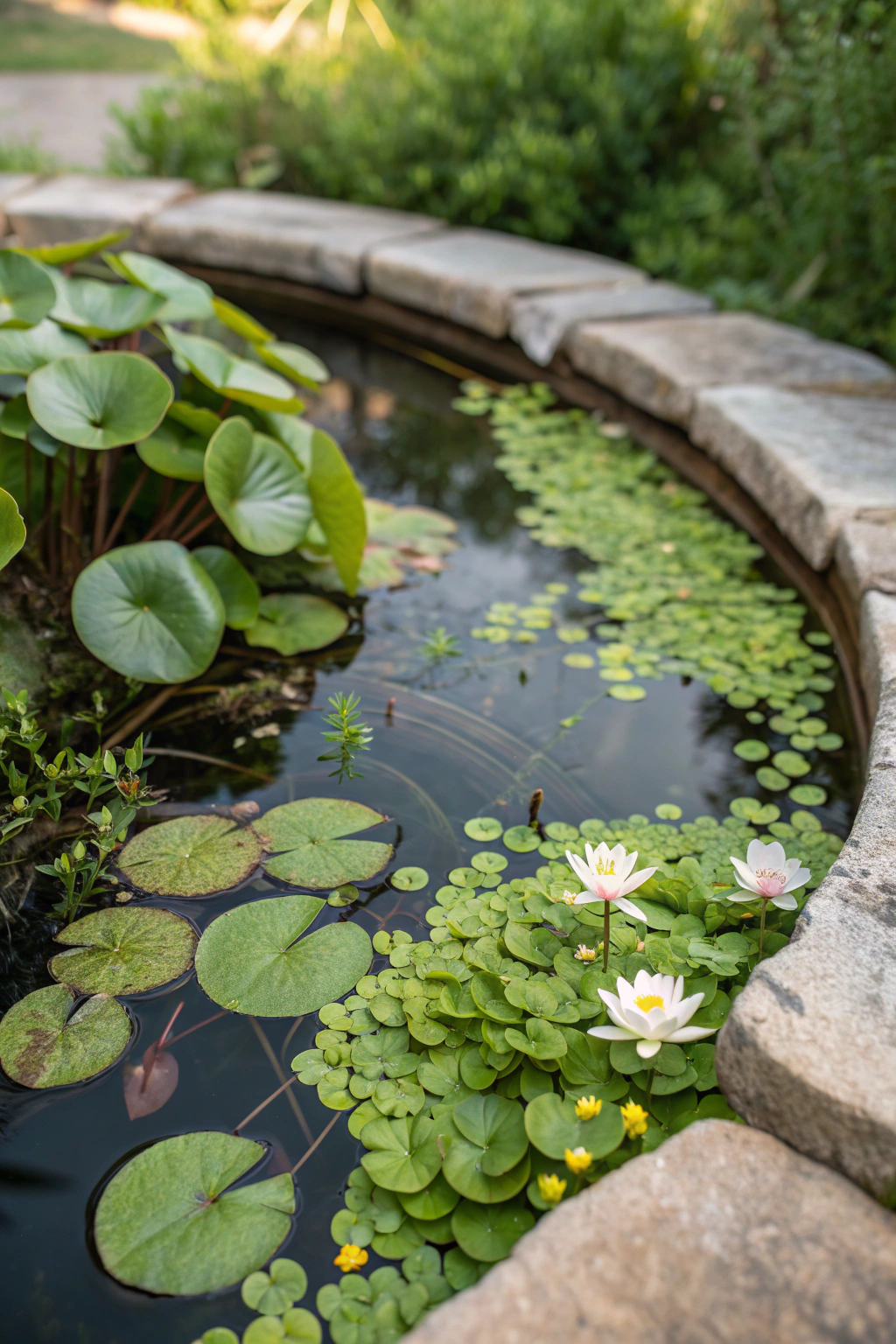 Small water plants thriving in a compact pond