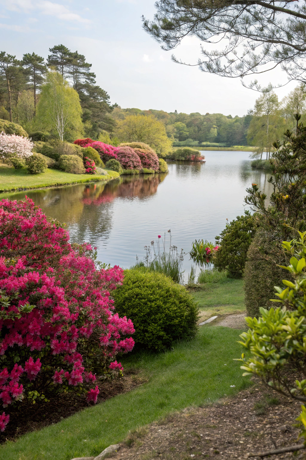 Lush shrubs lining the edge of a serene pond