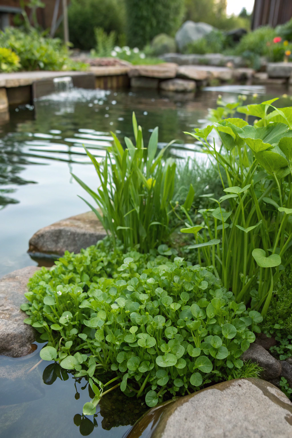 Edible pond plants growing in a tranquil water garden