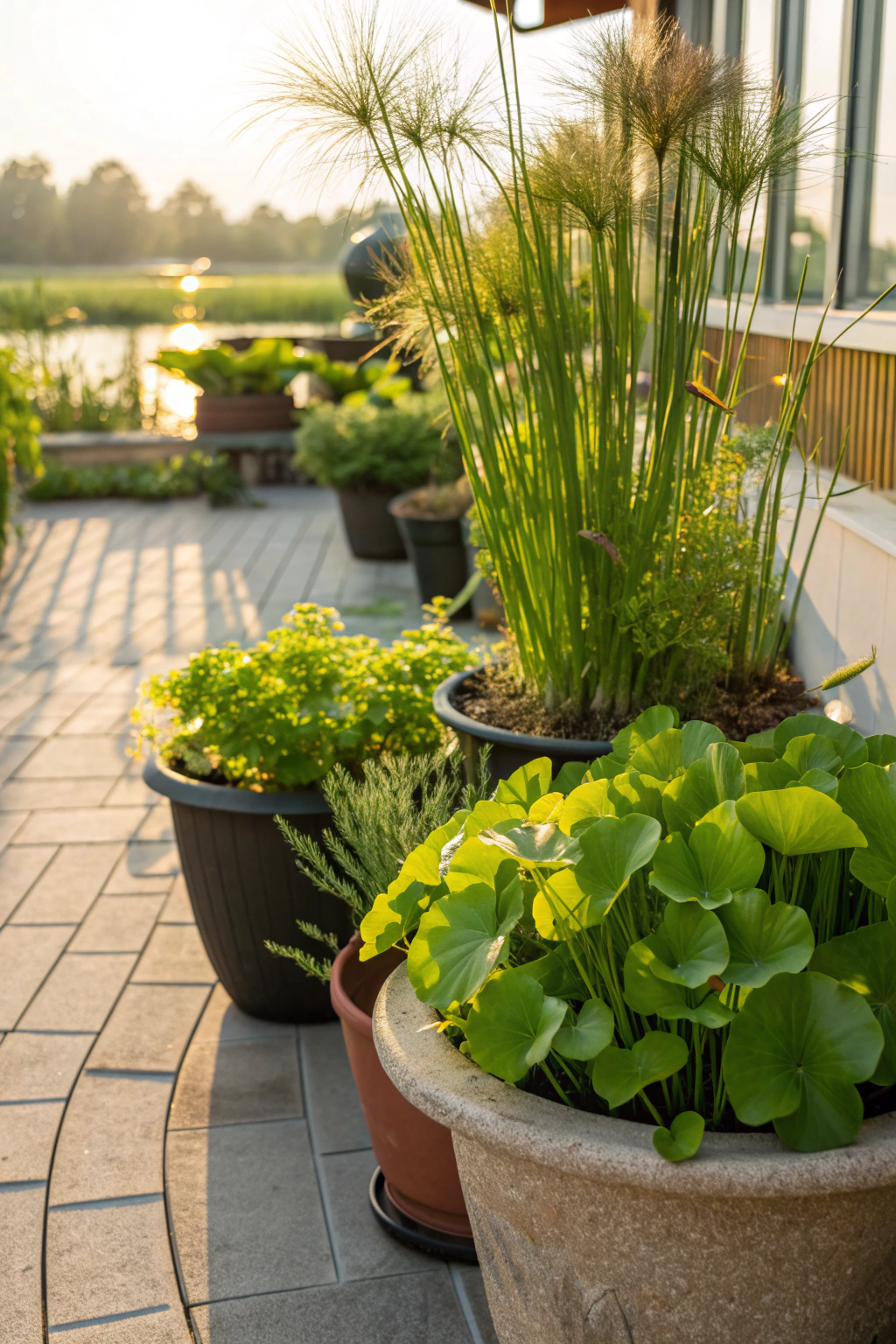 Vibrant aquatic plants in pots on a sunny patio