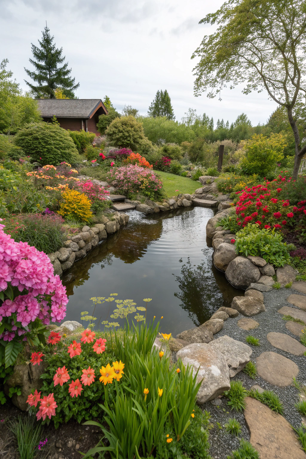 A charming small pond nestled in a colorful garden