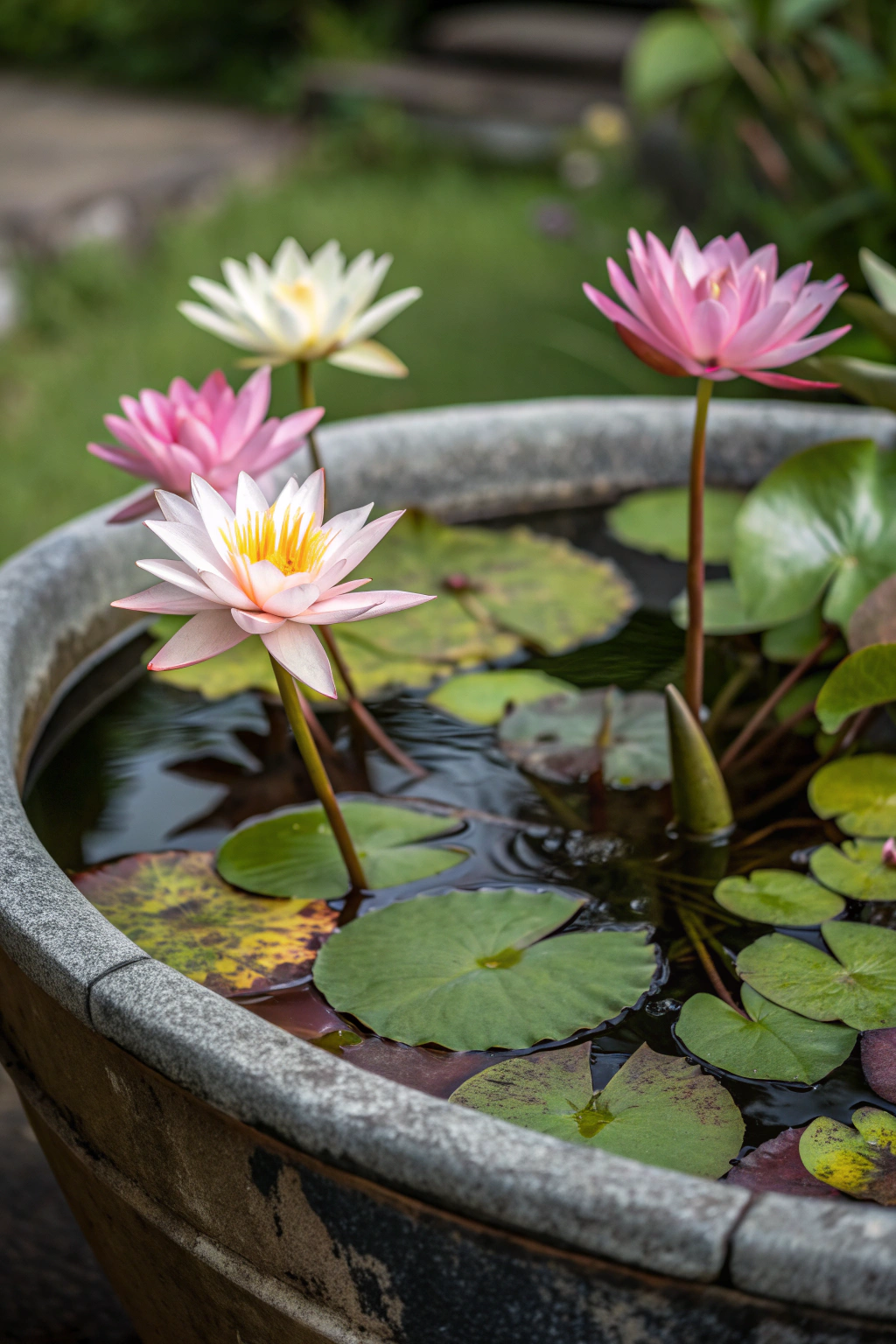 Beautiful water lilies blooming in a container water garden