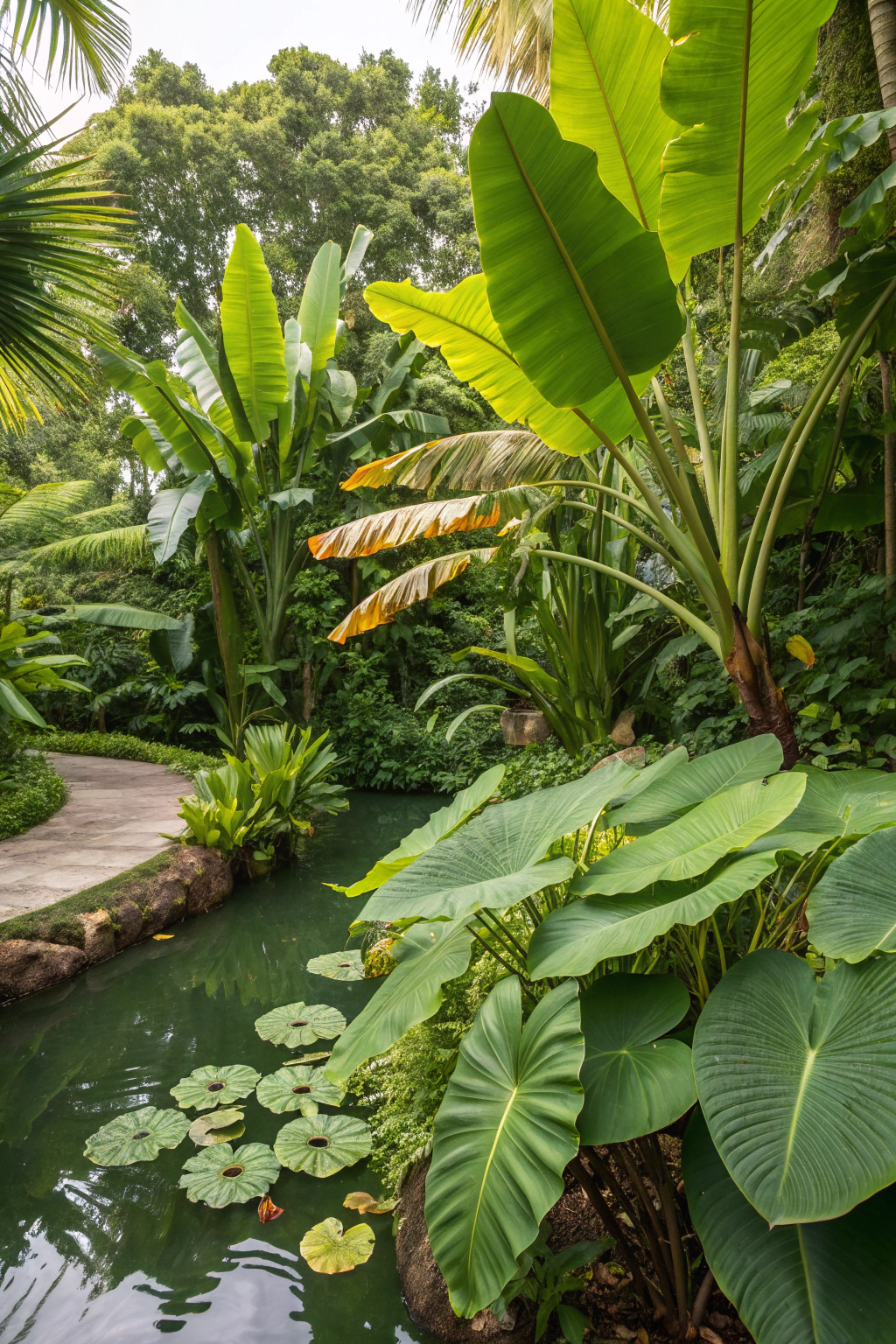 Lush tropical plants surrounding a vibrant pond
