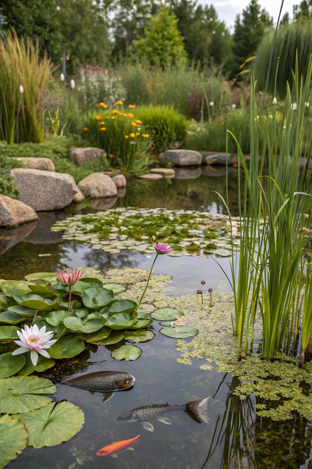 A thriving pond ecosystem with diverse plants and wildlife