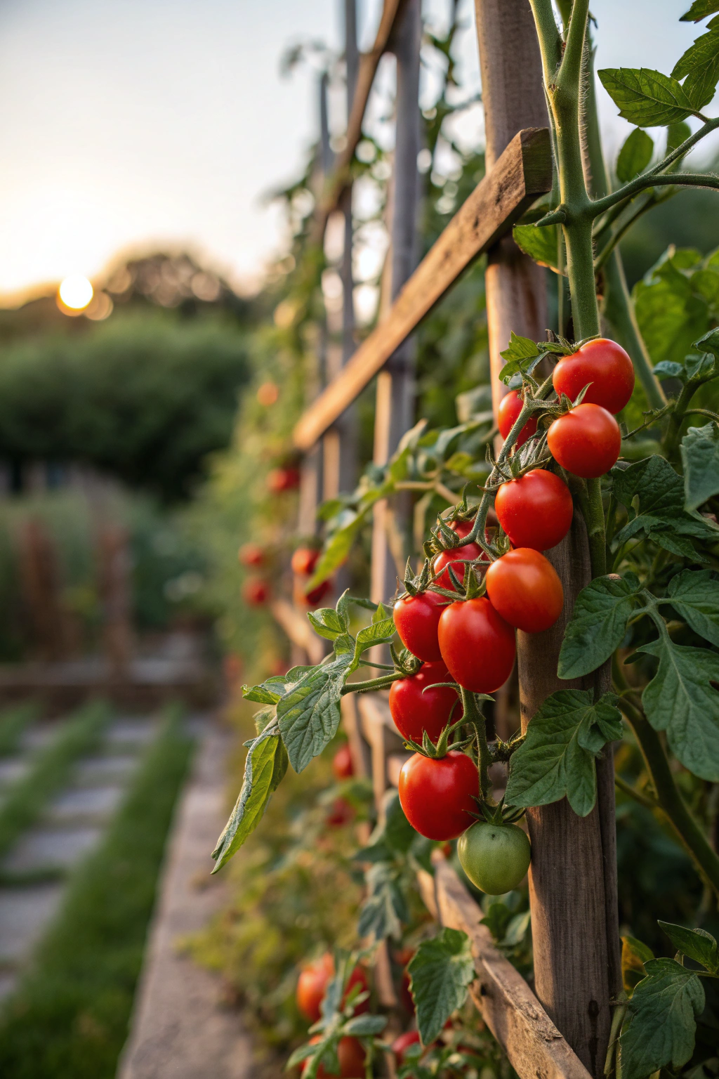 Tomatoes supported by a trellis in a garden