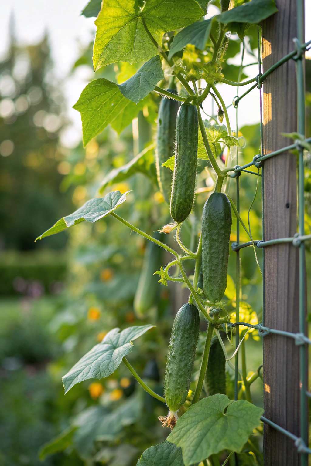 Cucumbers growing on a trellis in a garden