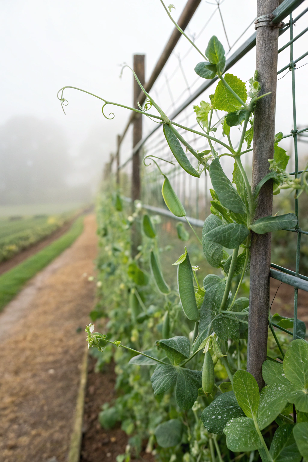 Peas climbing a trellis in a garden