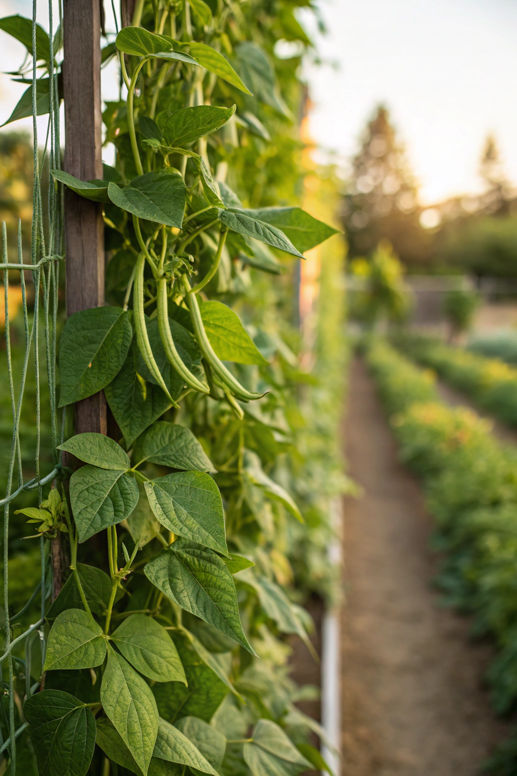 Pole beans growing on a vertical trellis