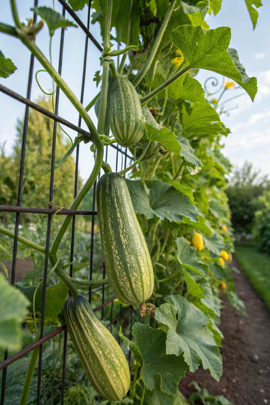 Squash plants climbing a trellis in a garden