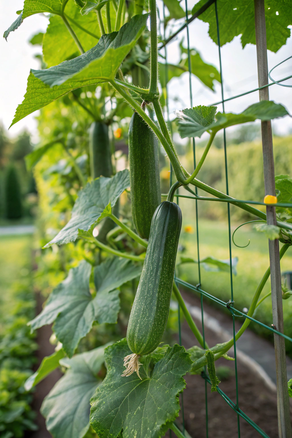 Zucchini plants supported by a trellis