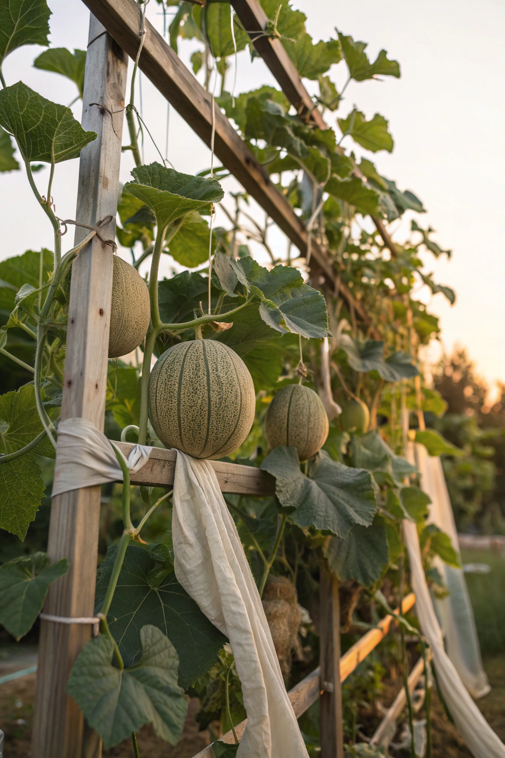 Melons climbing a trellis in a garden