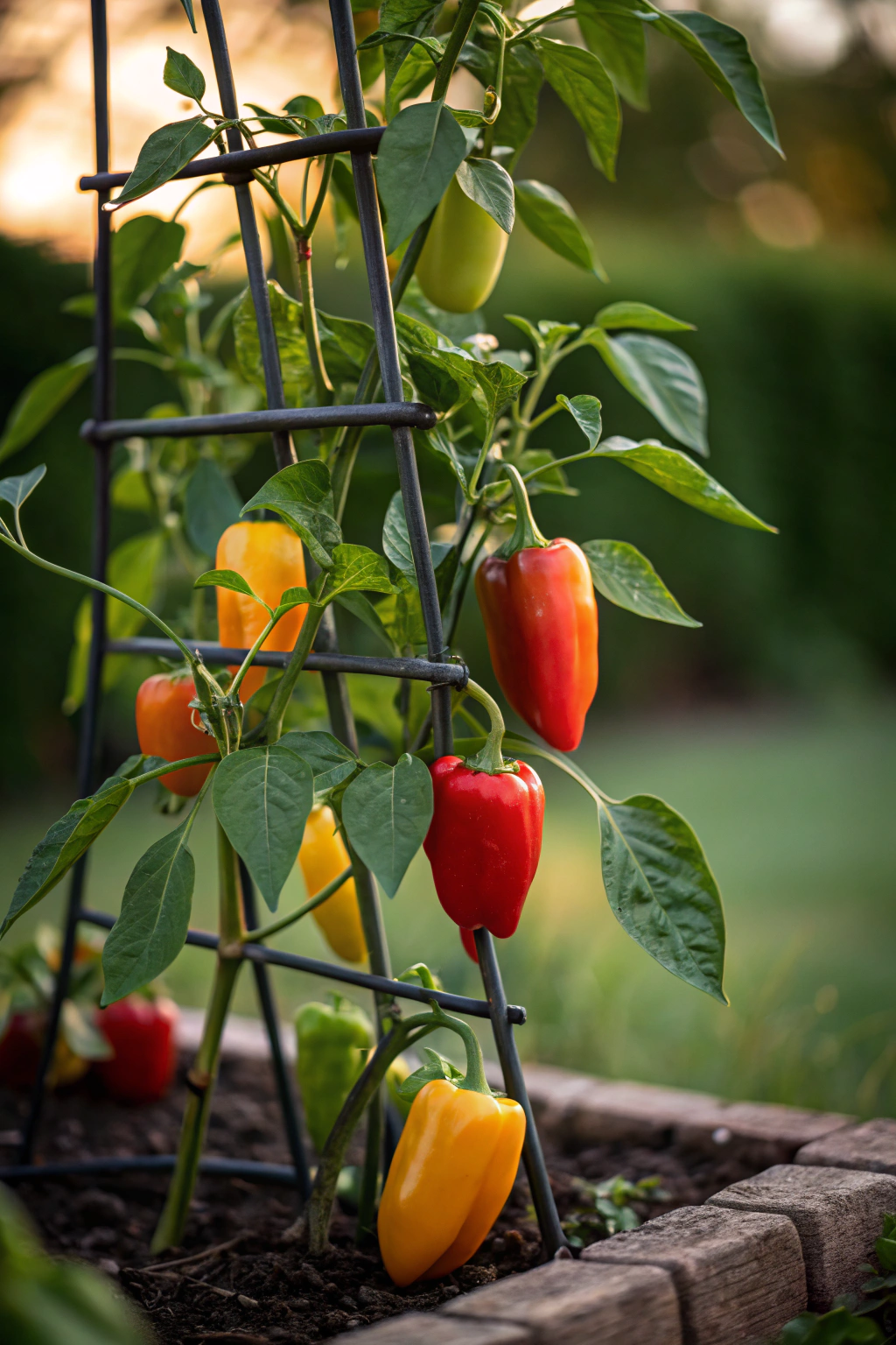 Sweet peppers growing on a vertical support