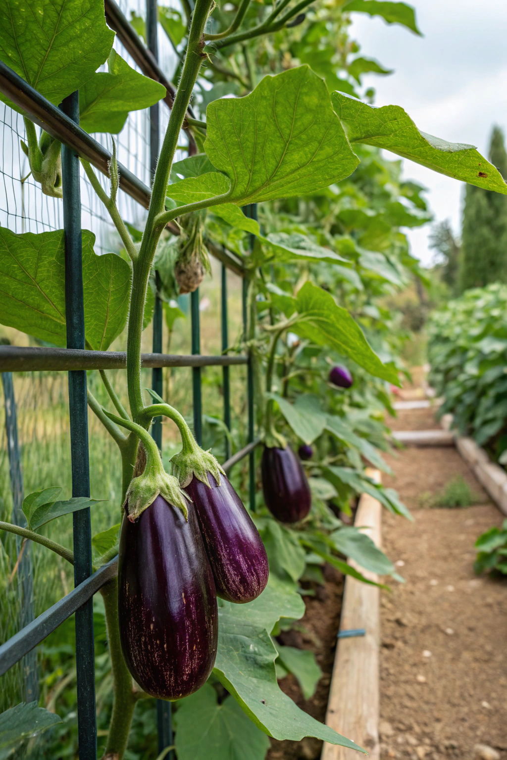 Eggplants supported by a trellis in a garden