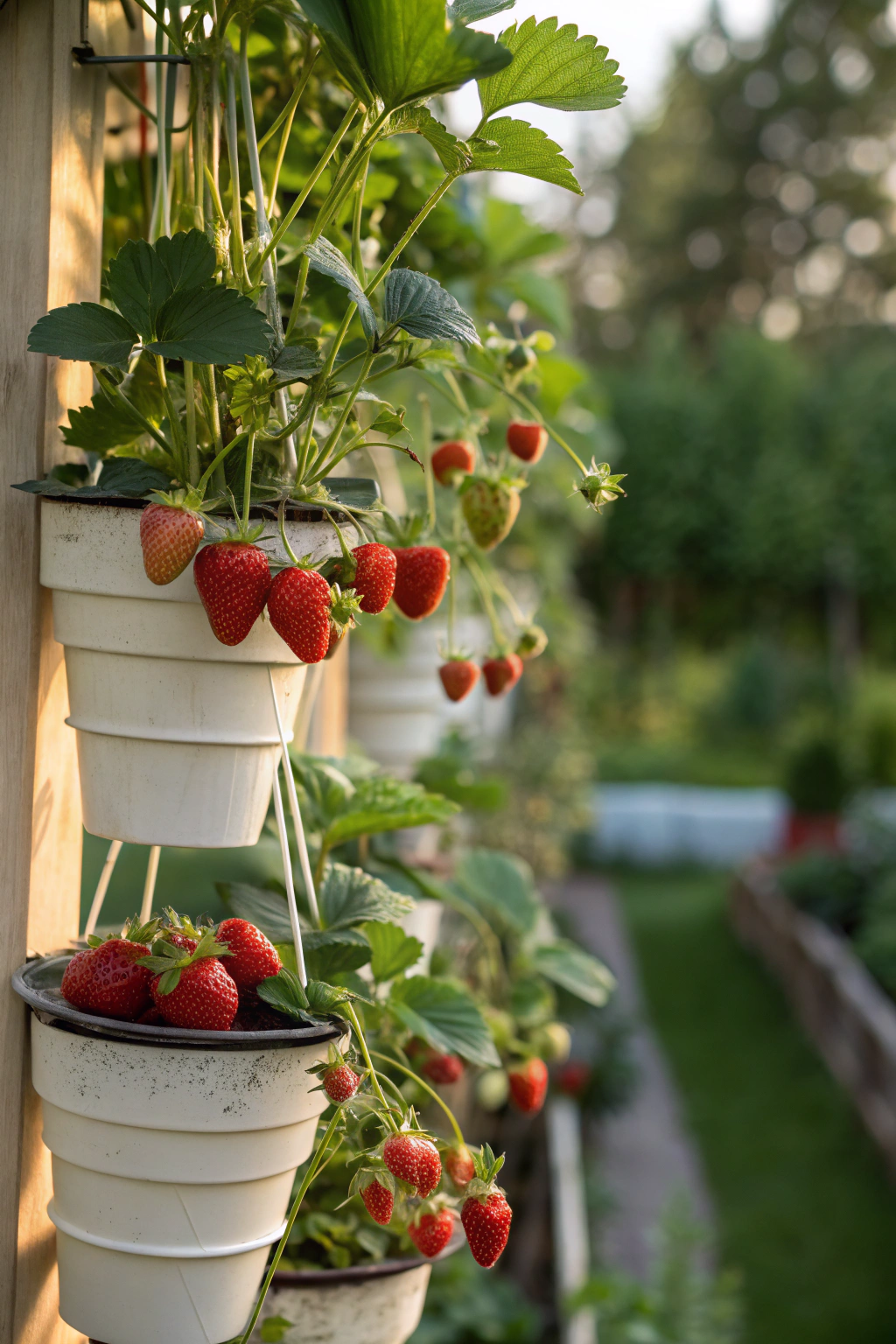 Strawberries growing in vertical hanging planters