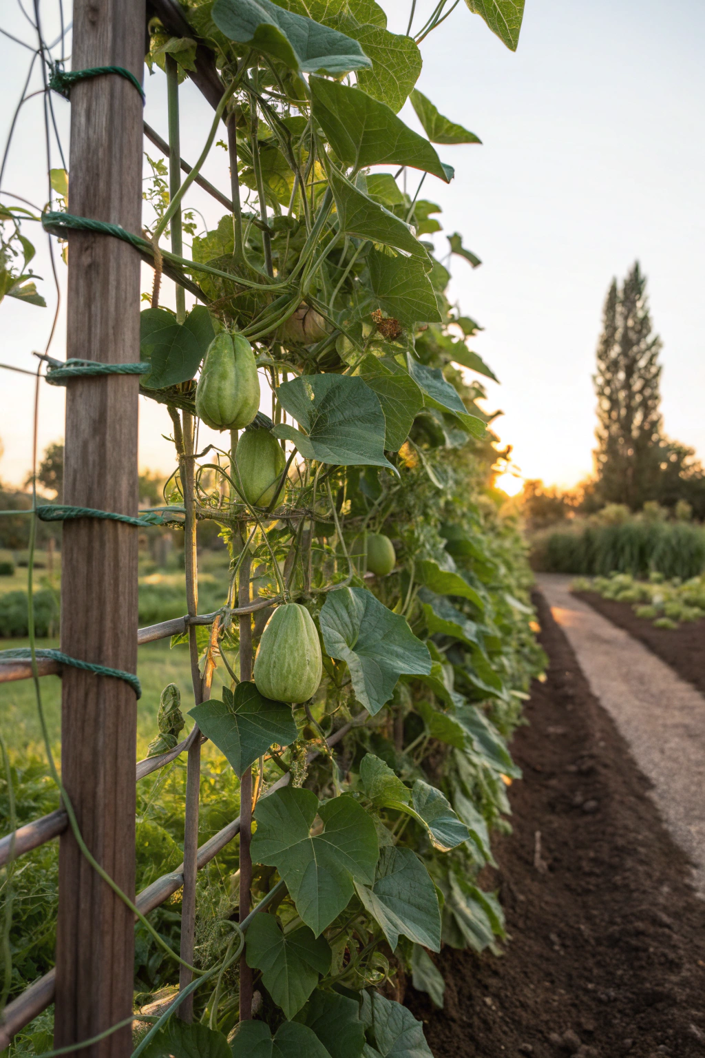 Chayote climbing a trellis in a garden
