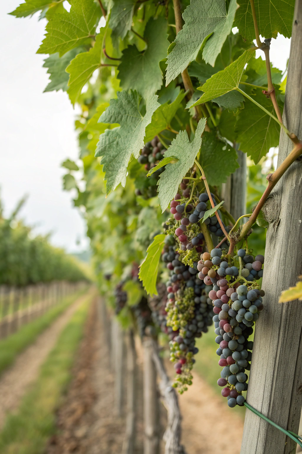 Grapes climbing a trellis in a vineyard