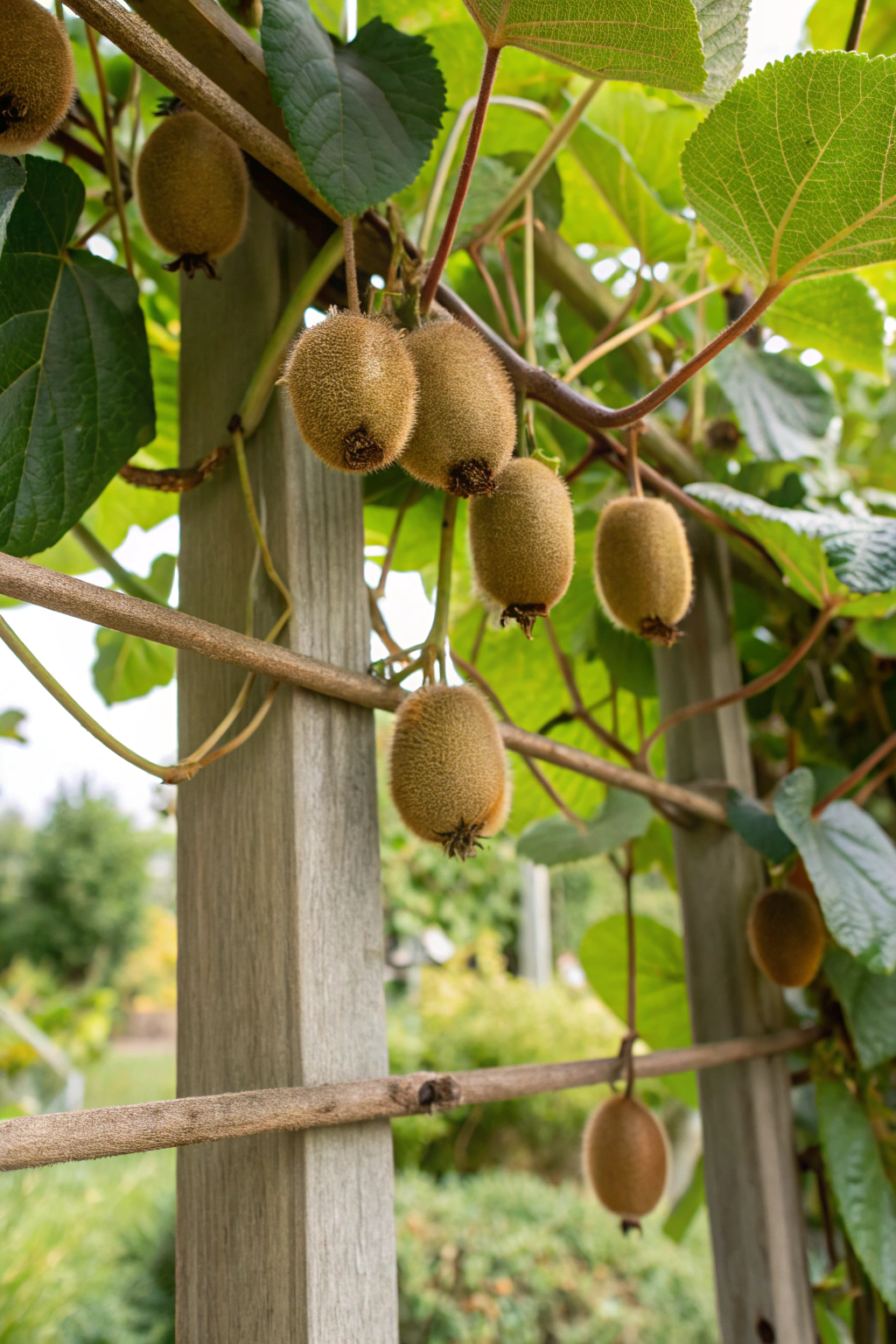 Kiwis growing on a vertical trellis