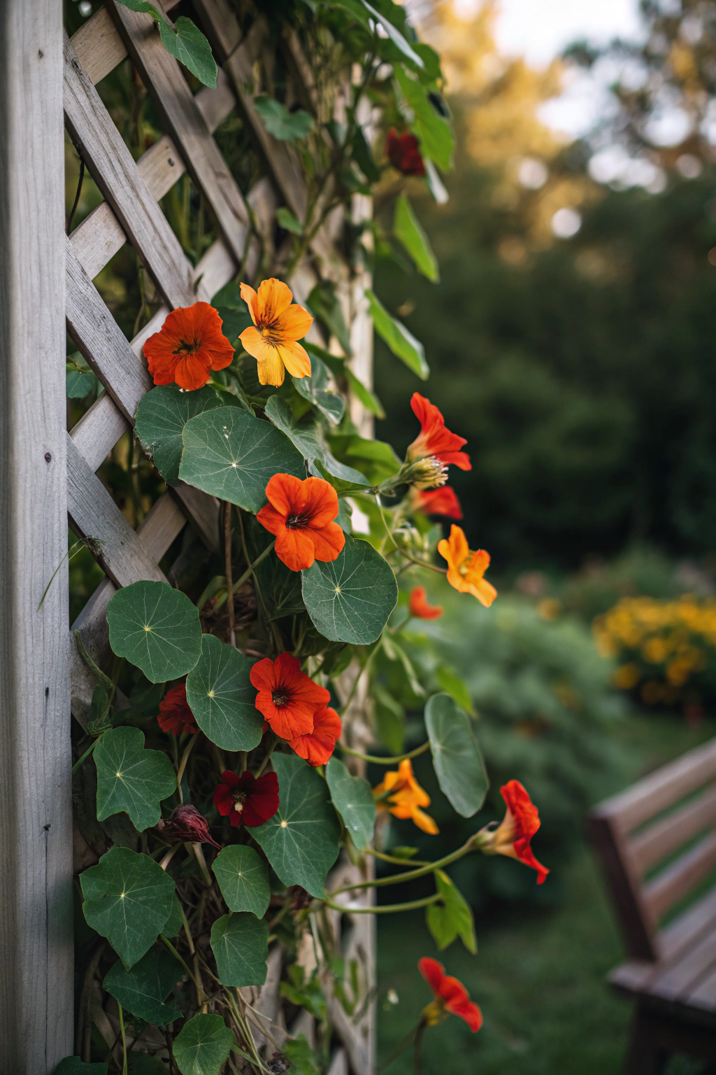 Nasturtiums climbing a trellis in a garden