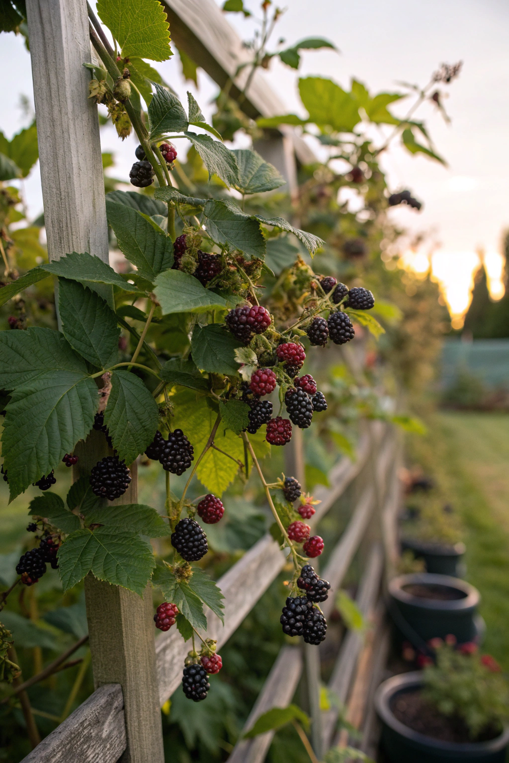 Blackberries supported by a trellis in a garden
