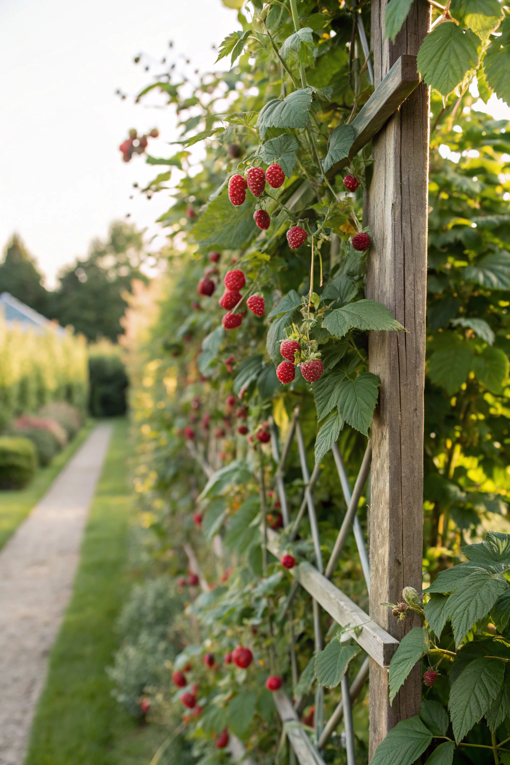 Raspberries climbing a trellis in a garden