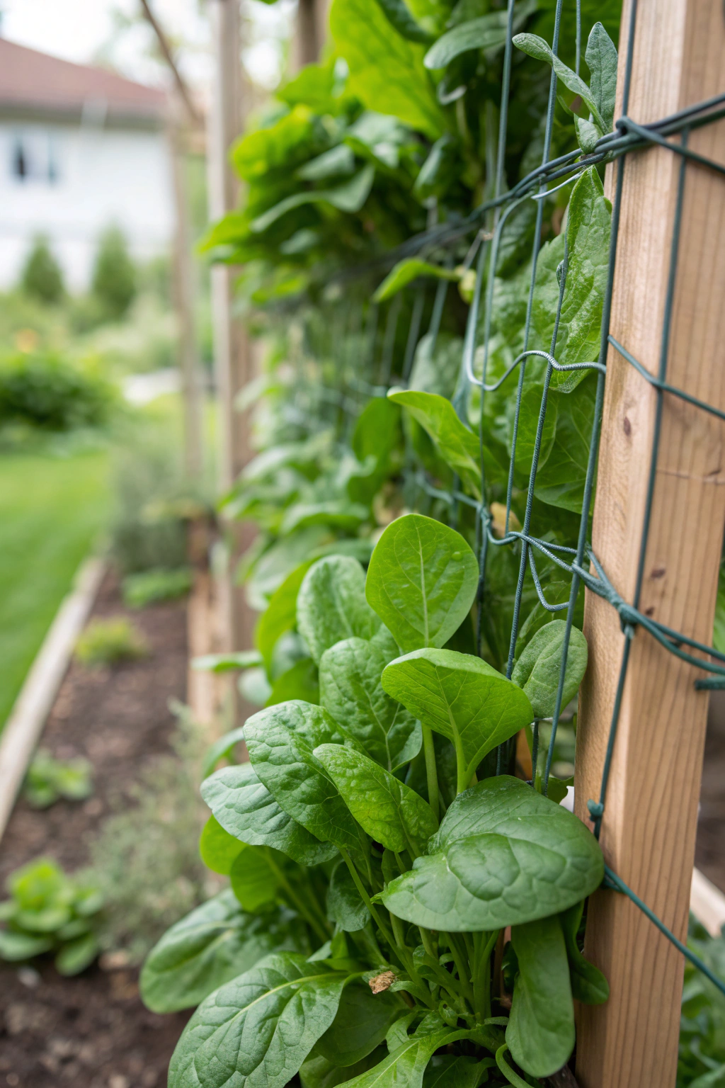 Spinach climbing a trellis in a garden