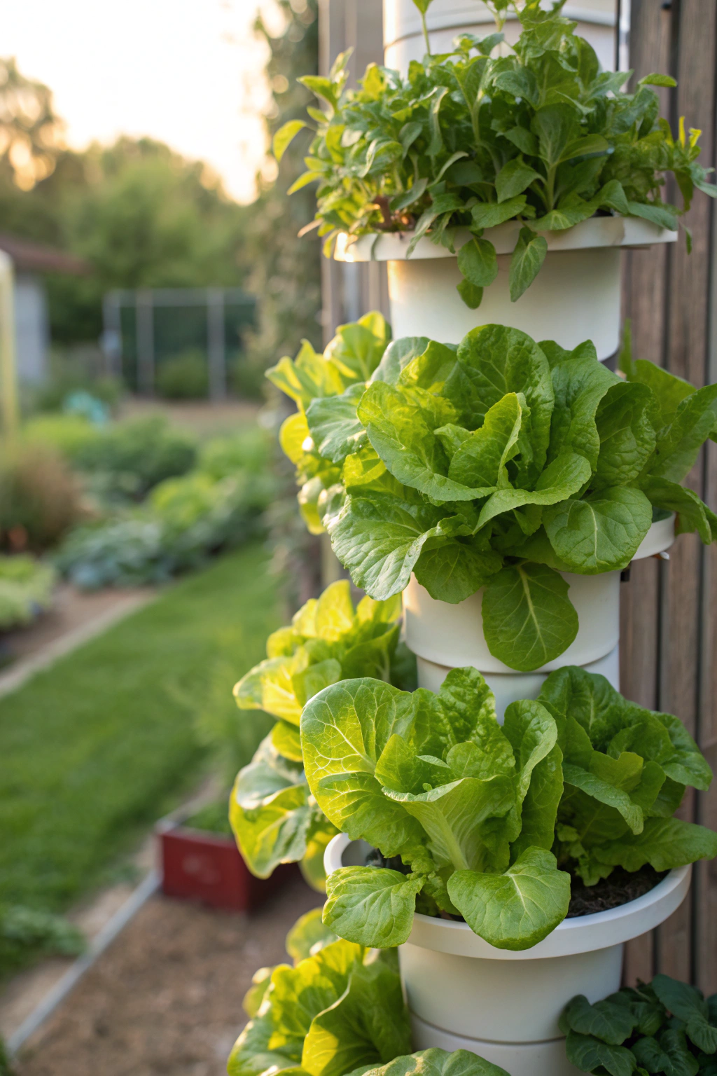 Lettuce growing in a vertical planter in a garden