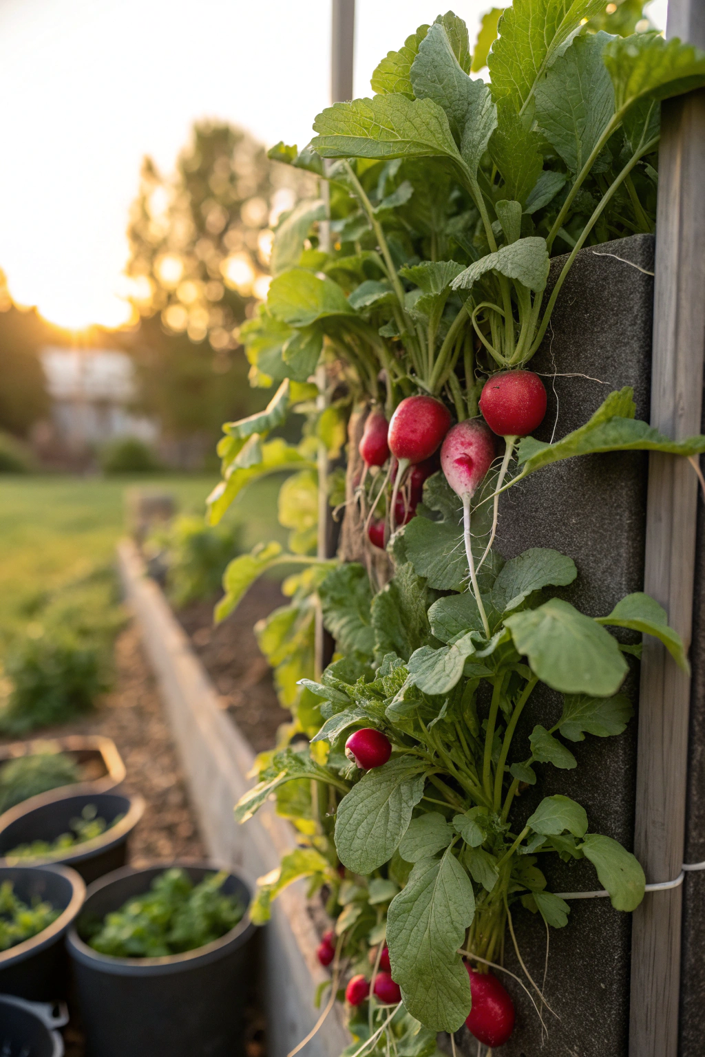 Radishes growing in a vertical planter