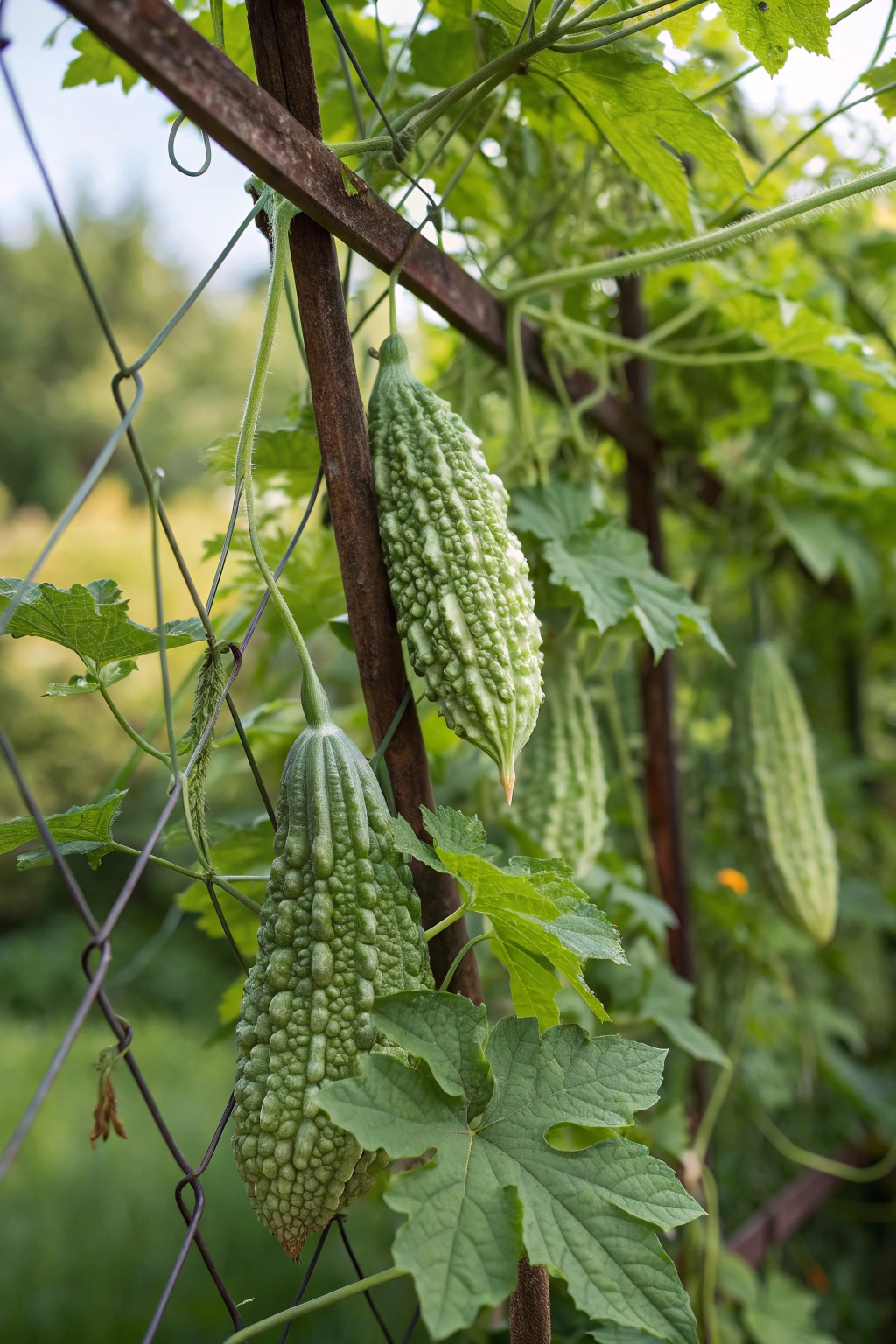 Bitter melon climbing a trellis in a garden