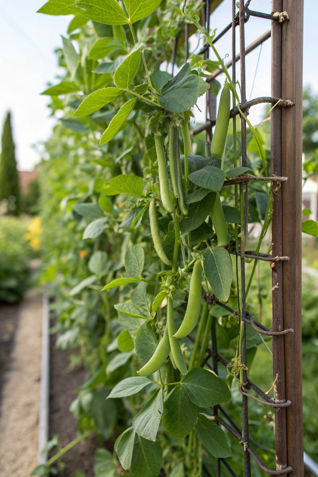 Fava beans climbing a trellis in a garden
