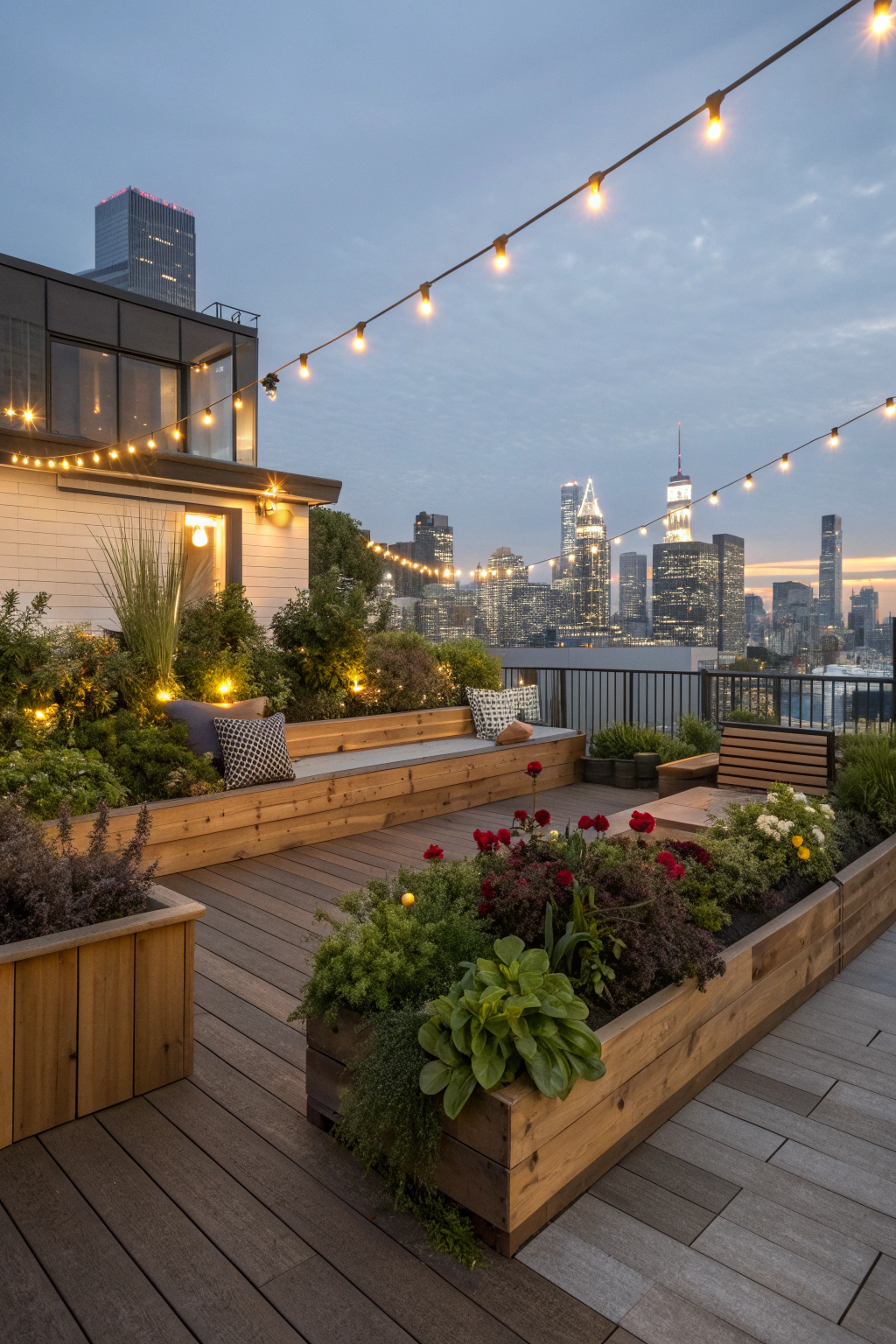 Innovative rooftop patio design with seating and greenery