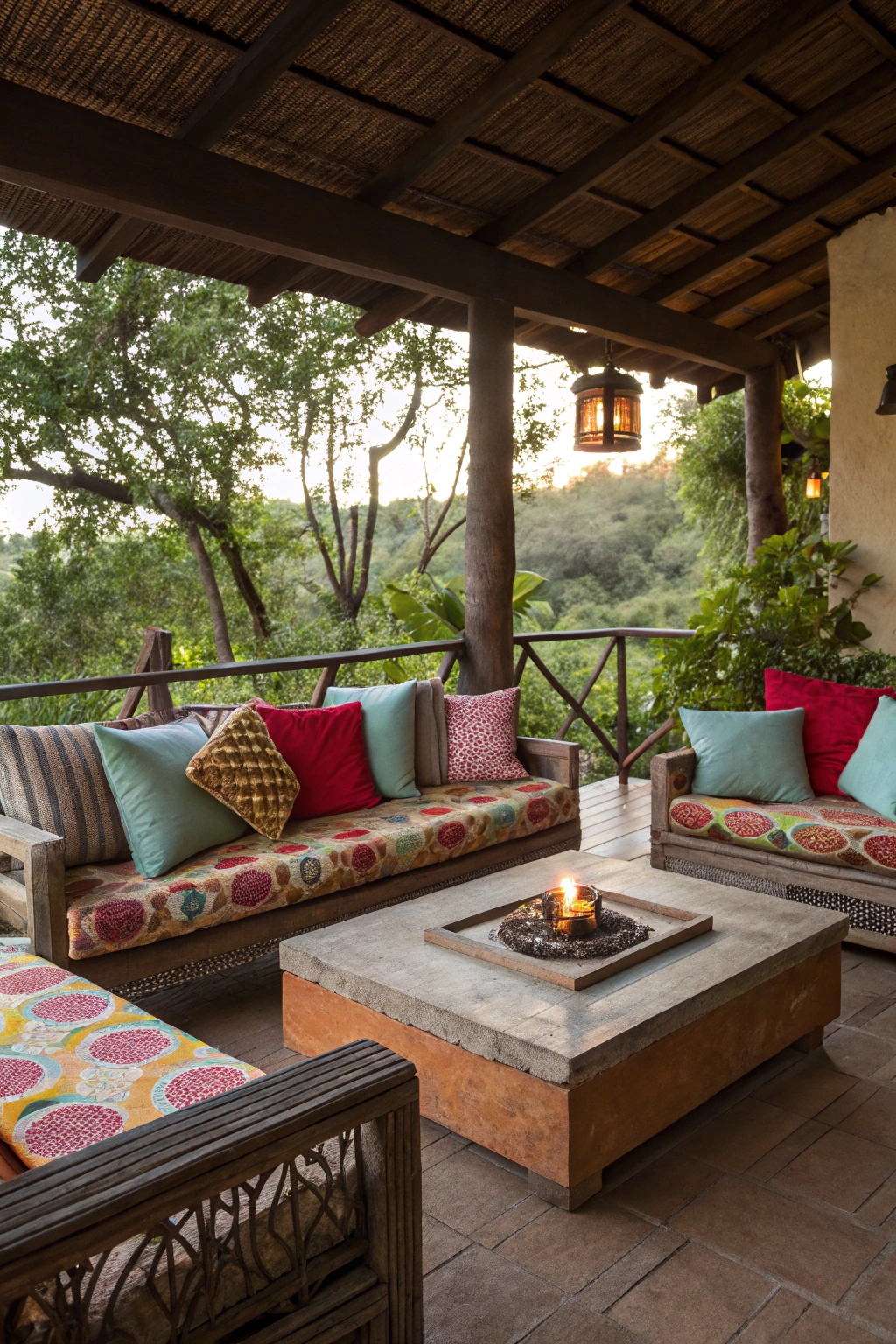 Cozy sitting area design on outdoor terrace with cushions