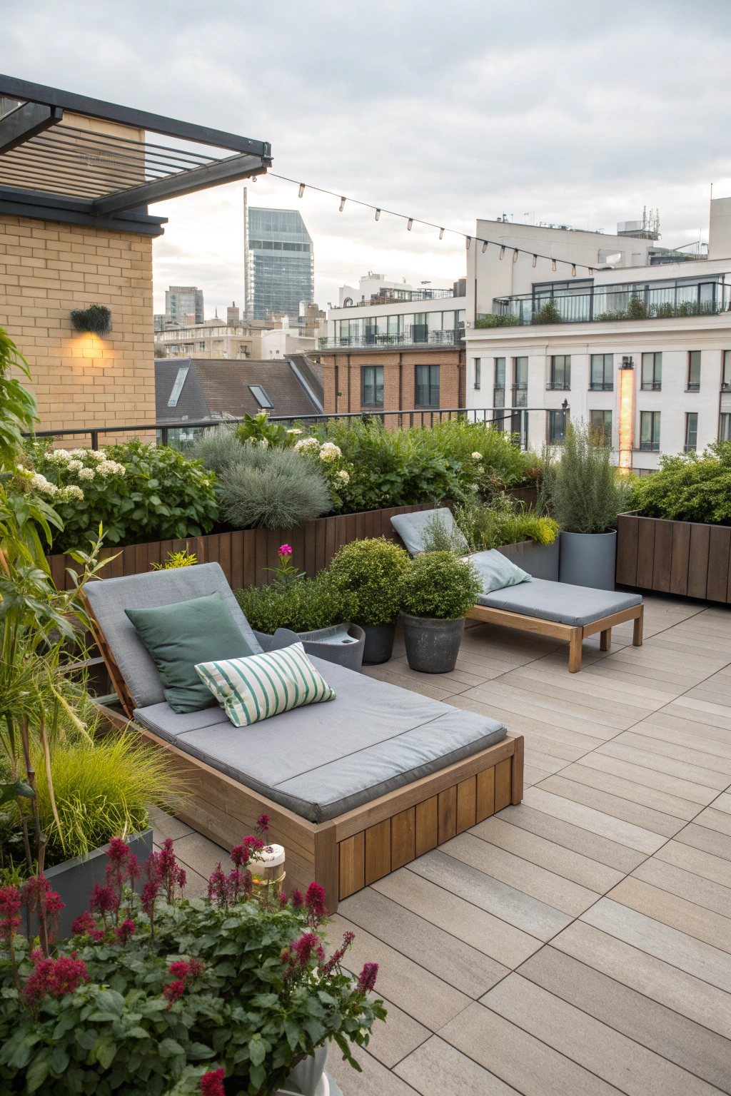 Modern roof terrace design with greenery and seating