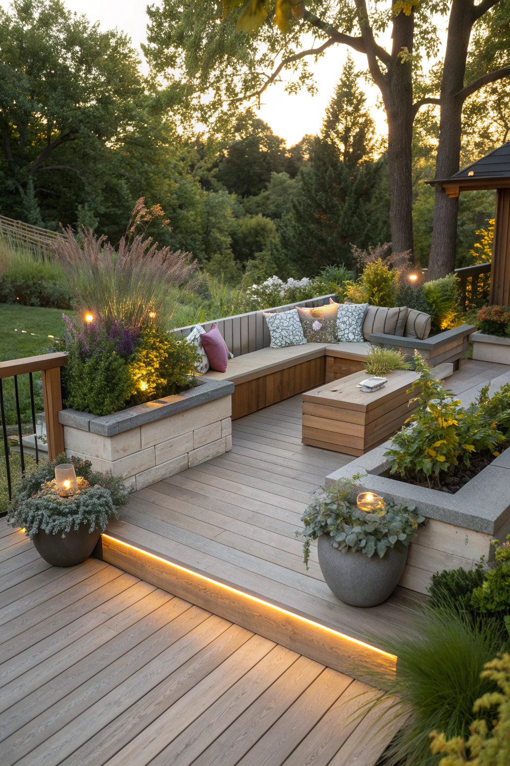 Beautiful patio deck design with built-in seating and planters