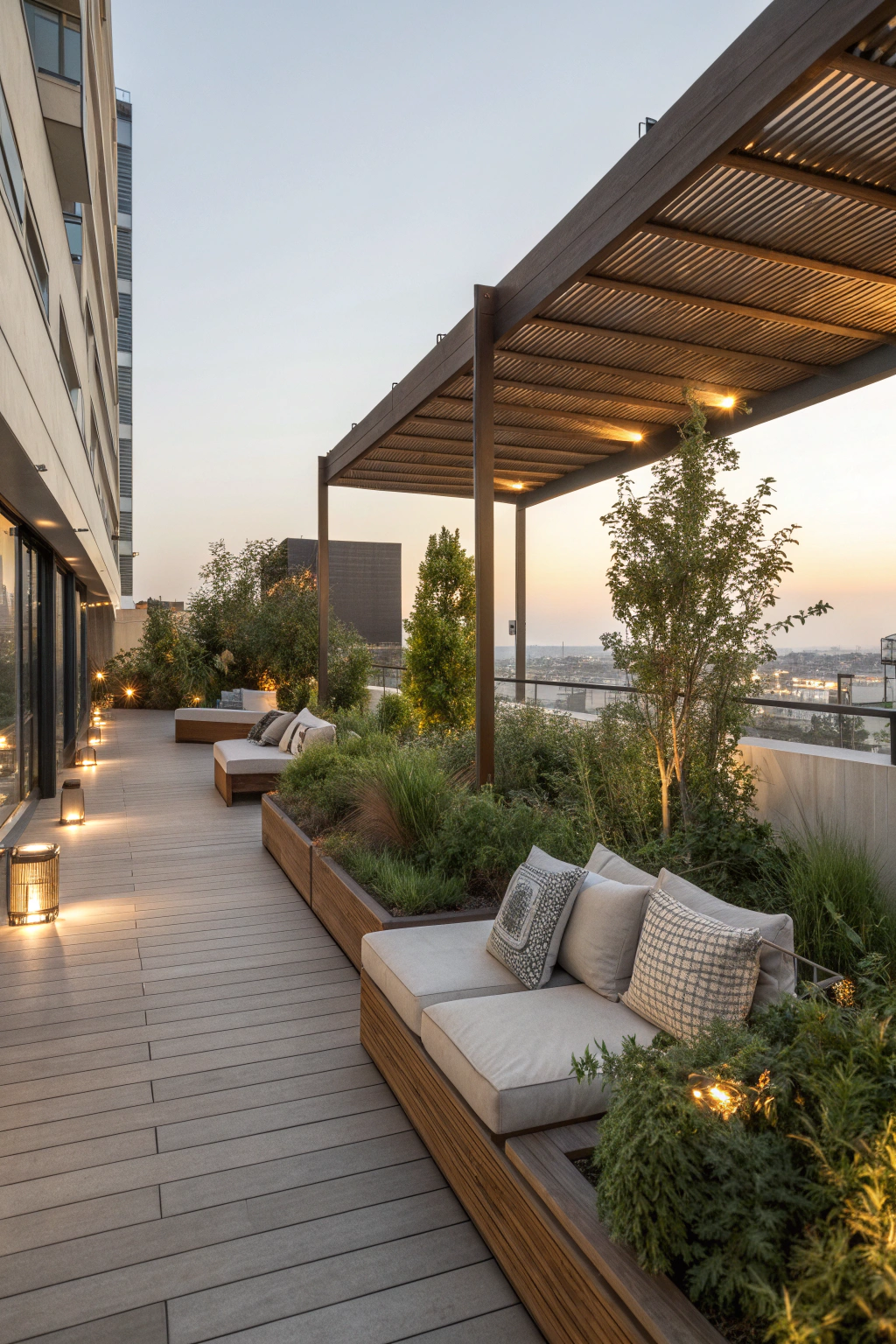 Stylish roof terrace design with seating and plants