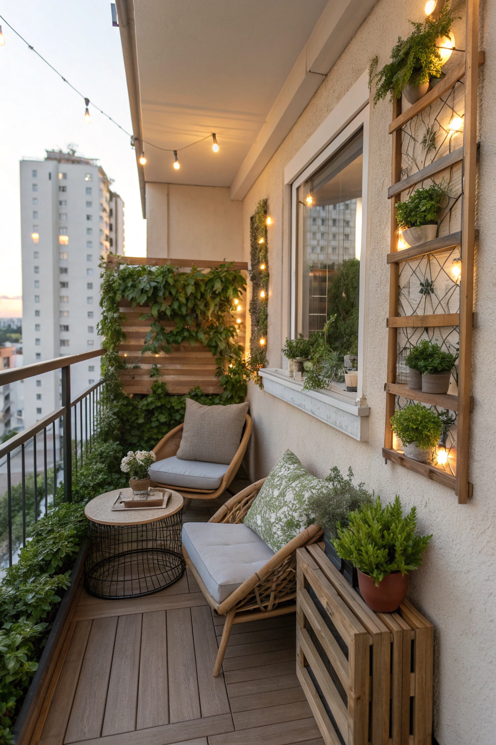 Smart design for small balcony terrace with plants and furniture