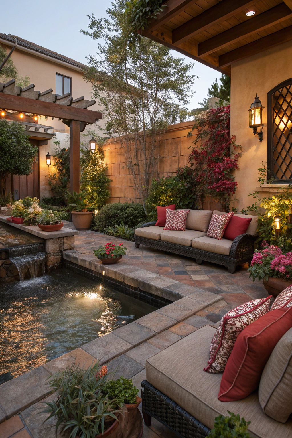 Cozy courtyard patio design with seating and greenery