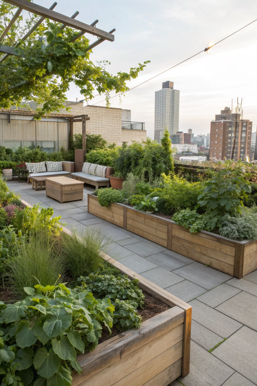 Lush roof garden with seating and greenery