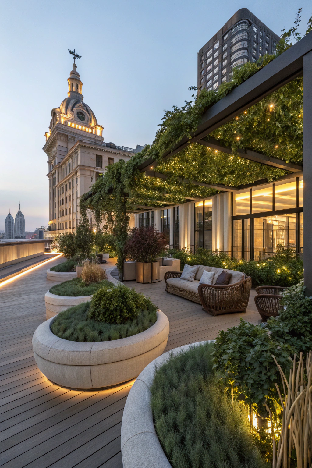 Innovative rooftop design with unique seating and greenery