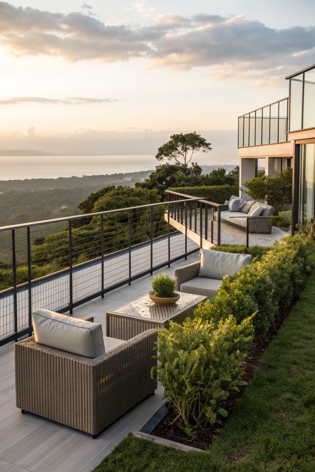 Stylish balcony design on top of roof with seating