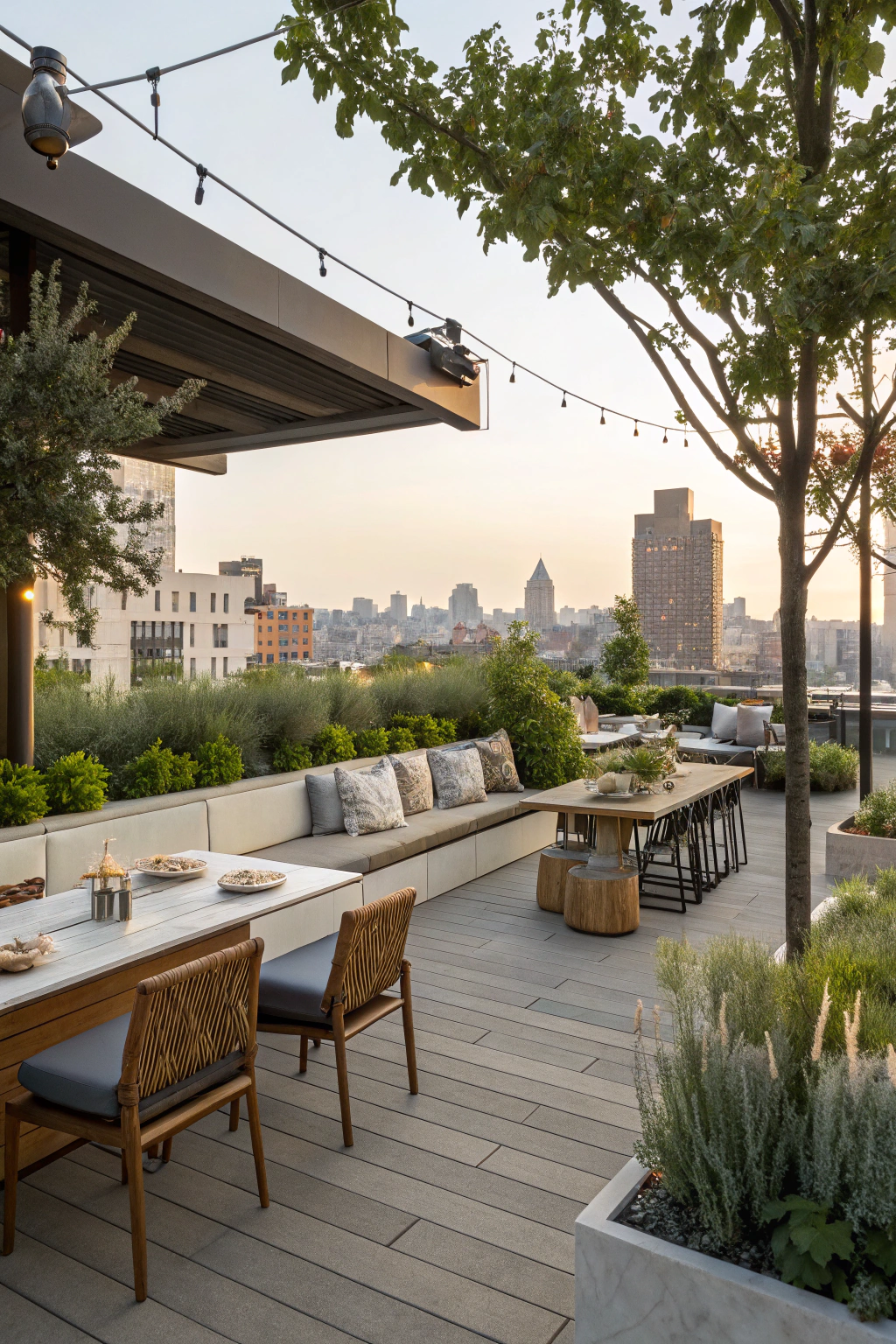 Trendy rooftop design with defined zones and stylish furniture